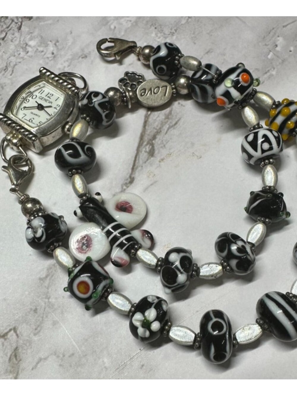 Geneva Watch Black White Art Glass Beaded Band Wrap Around New Battery